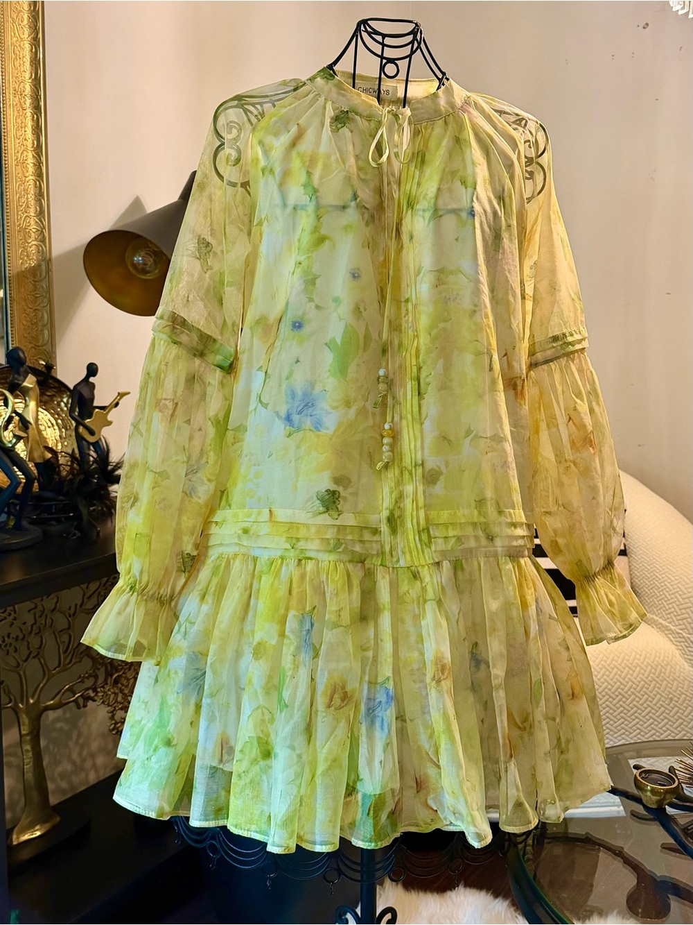 Floral Tie-Neck Yellow Chiffon Dress
